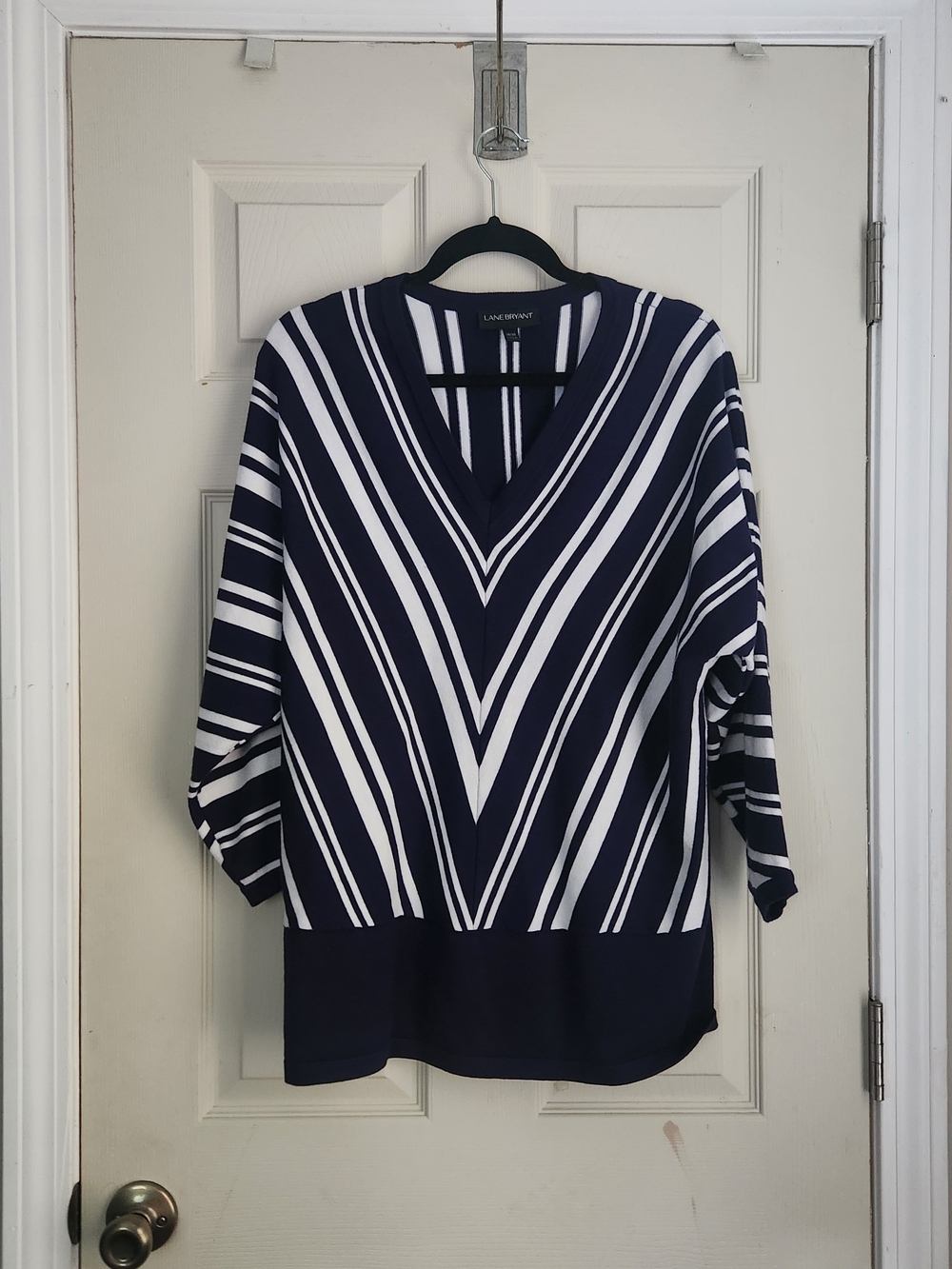 Lane Bryant Navy and White Chevron V-Neck Sweater